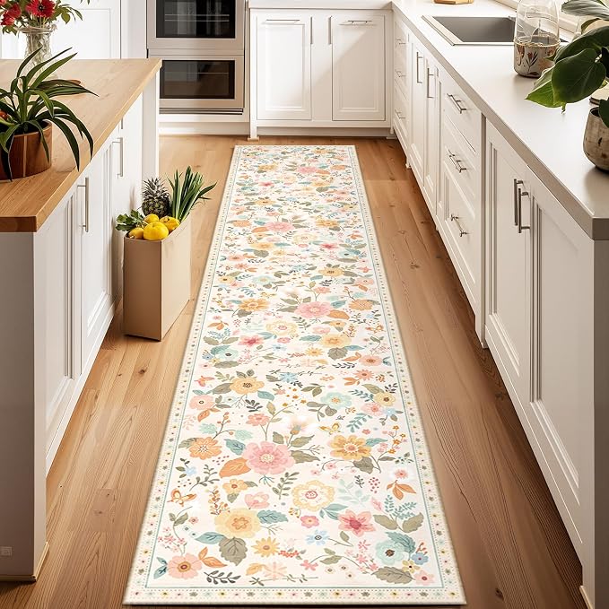 Floral Washable 2x10 Area Rugs Runner Entryway Hallway Beige/White/Orange | Flower Carpet, Print, Boho, Non-Slip, Easy to Clean, Low Pile, Soft, for Living Room Bedroom Kitchen Office Entrance