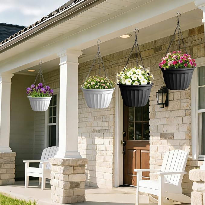 FGstyle 6 Pack Hanging Planters 10 Inch(Black & White),Self Watering Pots for Indoor Plants,Plastic Hanging Basket with Soil Elevator and 20" Chain for Home Garden Porch Balcony Patio Decor