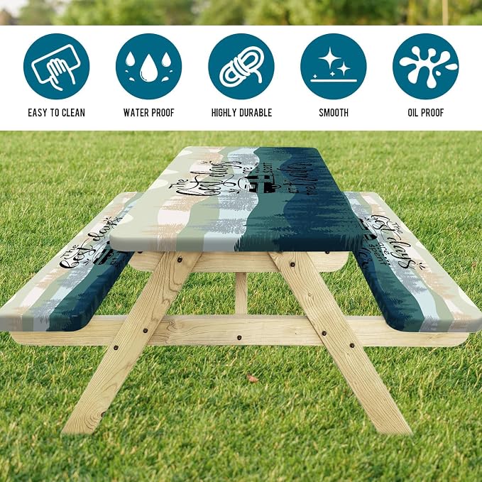 Picnic Table Cover Bench Elastic Edges, Green Blue Camping Forest Camper Fitted Table Cover, Outdoor Patio Camping Essentials 96 Inch 3PCS, Waterproof Camping Fitted Tablecloth with Drawstring Bag