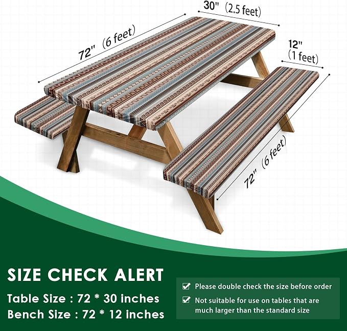 Picnic Table Cover with Bench Covers Elastic Edges, Blue Brown Tripes Camper Fitted Table Cover, Outdoor Patio Camping Essentials 72 Inch 5PCS, Waterproof Camping Fitted Tablecloth with Drawstring Bag