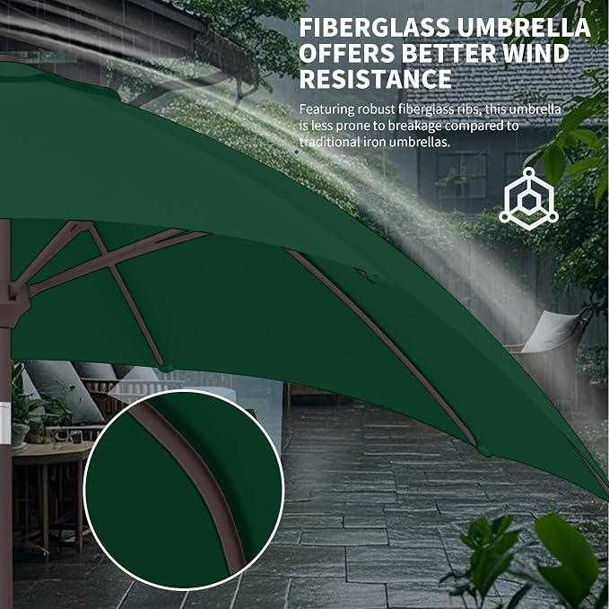 Kingdura 10FT Outdoor Patio Umbrella, Round Market Table Umbrella with Push‑Button Tilt and Crank Lift, 8 Sturdy Metal Ribs, UV50+ Protection Canopy for Backyard, Lawn, Deck, Poolside, Garden (Dark green)