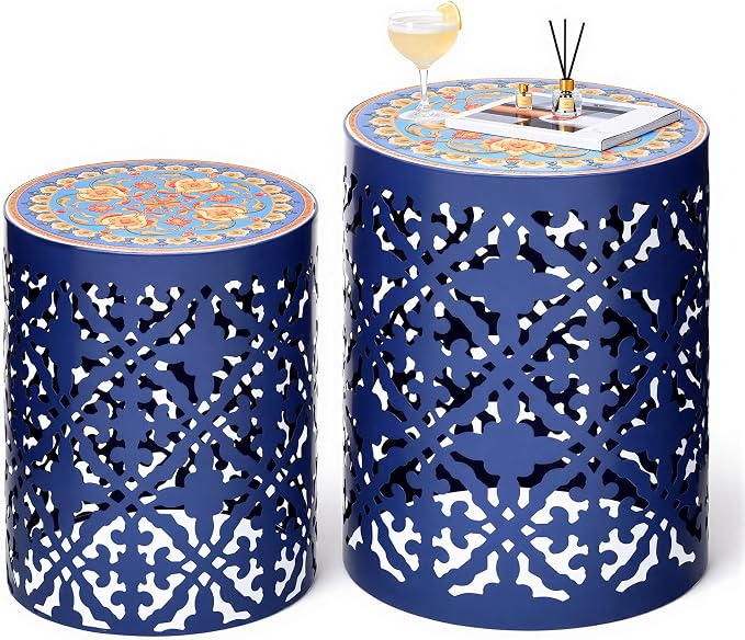 2-Pack Outdoor Side Table, Modern Decorative Coffee Table with Vintage Scroll Cut-Out Design, Heavy Duty Metal Mosaic Table with No Assembly, Industrial Round Garden Stool for Patio, Indoor