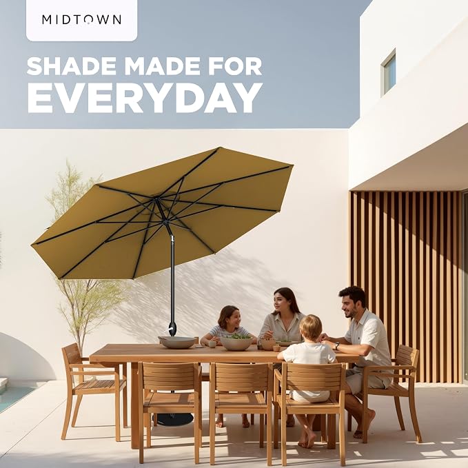Midtown Umbrellas - 10-Year-No-Fade 10 Ft Patio Umbrella with Terylast Fabric, Auto-Tilt Aluminum Frame and 8 Reinforced Ribs for Deck, Pool, Garden & Beach - Sand Tan Canopy, Black Pole