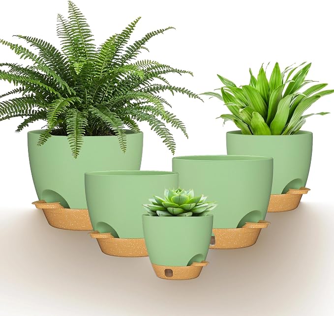 12/10/9/8/6 Inch Self Watering Pots for Indoor Outdoor Plants, Set of 5 Large Plastic Planters with Visual Water Window, Drainage Holes & Watering Lip, Modern Decorative Flower Pots (Green)