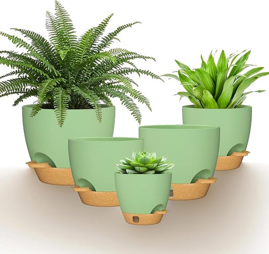 12/10/9/8/6 Inch Self Watering Pots for Indoor Outdoor Plants, Set of 5 Large Plastic Planters with Visual Water Window, Drainage Holes & Watering Lip, Modern Decorative Flower Pots (Green)
