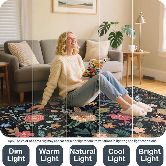 Washable 2' x 6' Runners for Hallways, Non Slip Long Floor Runner for Kitchen, Entryway Indoor, Stain Resistant Rubber Backing Floral Decor Rug (Black)