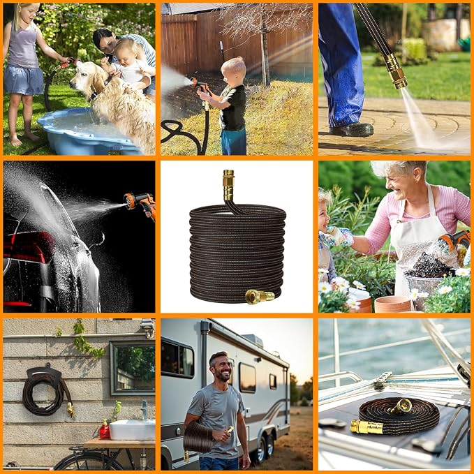 10FT Lightweight Garden Hose,Flexible Water Hose with Solid Brass Head,Kink-Free,Leak-Proof,All-Weather 3/4 in. Lead-in Hose for RV,Boat,Car Wash,Garden,Yard,Camper,Outdoor (Orange-Black, 10 Feet)