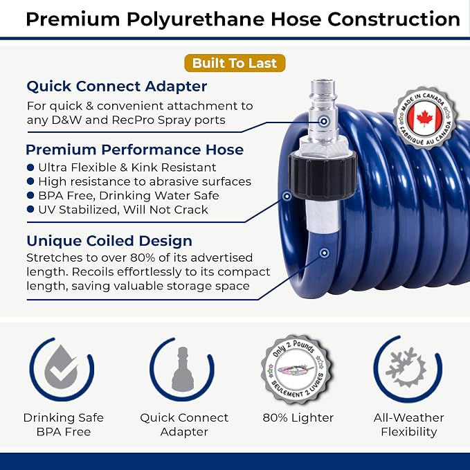 SpringHose RV Premium Polyurethane Drinking Water Safe Coil Hose with Male Adapter Plug - Lightweight Recoil Garden Hose Retractable Blue Coil Garden Hose 3/8 in by 25-Foot Made in Canada