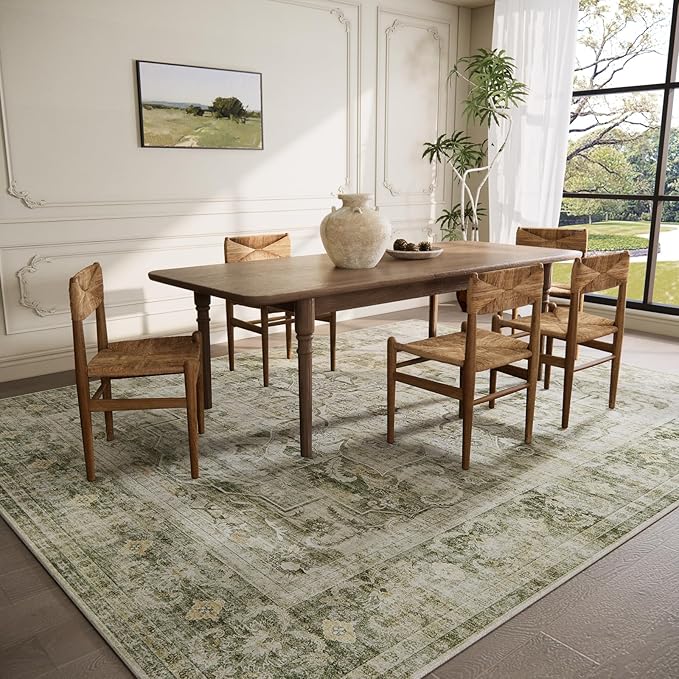 Machine Washable Living Room Rug: 5x7 Area Rugs for Bedroom Non Slip Low Pile Soft Faux Wool Non Shedding Vintage Boho Carpet Rugs for Dining Room Kitchen Entryway Nursery Farmhouse Home Office Indoor