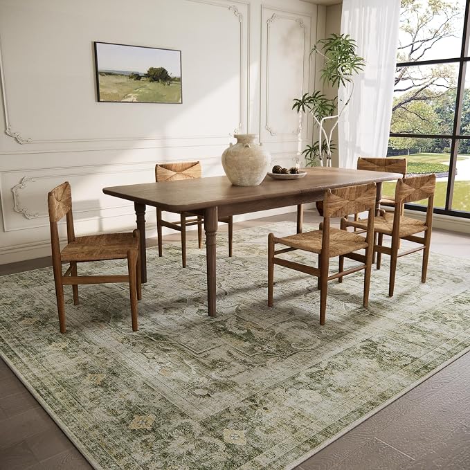 Area Rugs 9x12 Living Room: Washable Bedroom Rug Non Slip Low Pile Soft Faux Wool Non Shedding Distressed Vintage Boho Large Carpet for Dining Room Under Table Kitchen Nursery Entryway Office Indoor