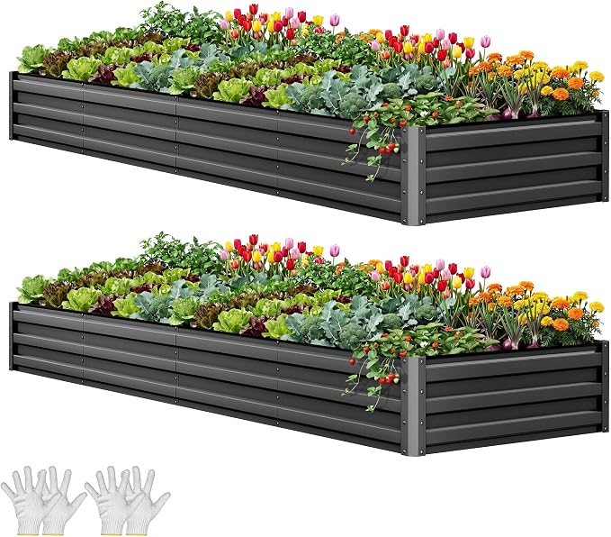 YITAHOME 12x4x1ft 2pcs Large Raised Garden Bed Kit, Galvanized Metal Planter Box with Gloves, Ground Nails, Support Rod, Outdoor Above Ground Planters for Plants Vegetables Flowers, Black