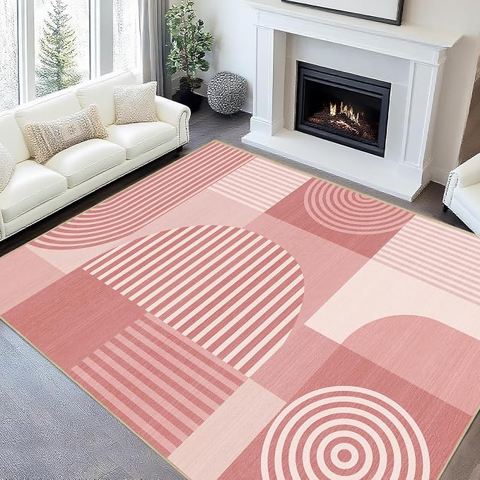 Area Rug 5x7 Pink Geometric Rug for Living Room Machine Washable Minimalist Line Mid Century Modern Rugs Non Slip Low Pile Large Dining Room Indoor Floor Carpet for Bedroom Kitchen Office,Pink