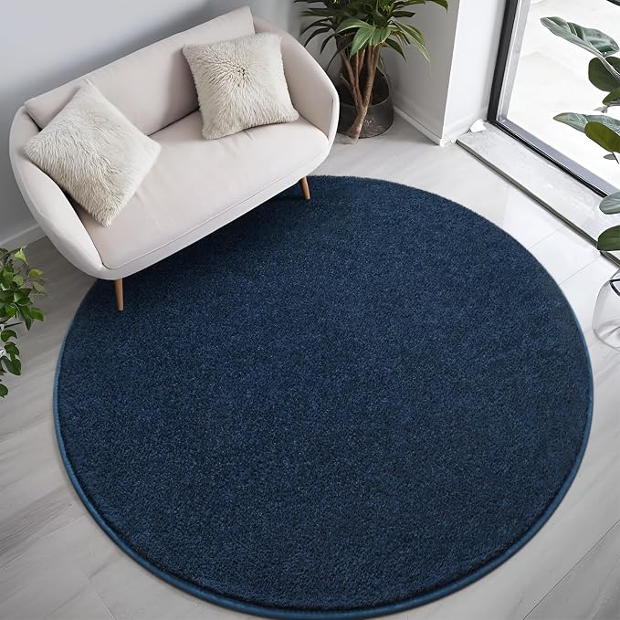 5' Navy Blue Round Area Rug Modern Solid | Washable Memory Foam, Low Pile Non Slip Indoor Carpet for Living Room Bedroom Office Classroom College Dorm Room Home Decor