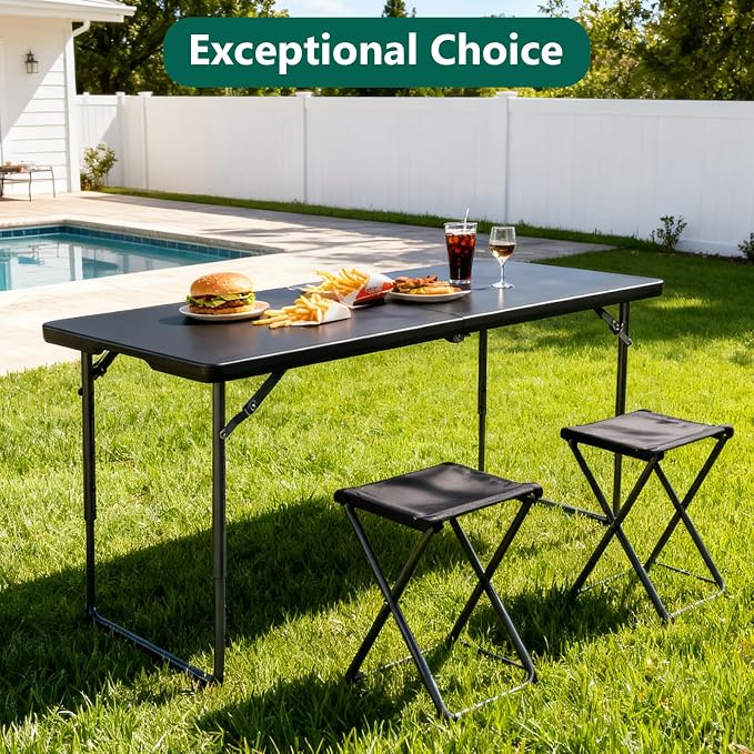 2 Pack Folding Table, 4FT Foldable Picnic Table with Adjustable Height, Heavy Duty Fold-in-Half Portable Table for Weddings, Camping, RV Travel, Parties, BBQs, Easy to Fold and Store, Black