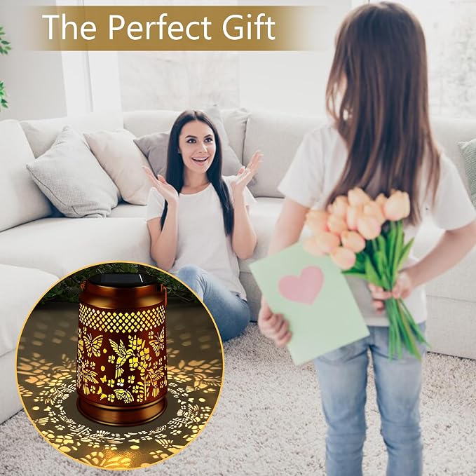 KY&BOSAM Hummingbird & Butterfly Solar Lanterns Outdoor Garden Decor | Retro Appearance,Old Gold Color Metal Hanging Solar Lights Gifts for Women Mom Grandma Outside for Yard,Patio,Backyard,Porch