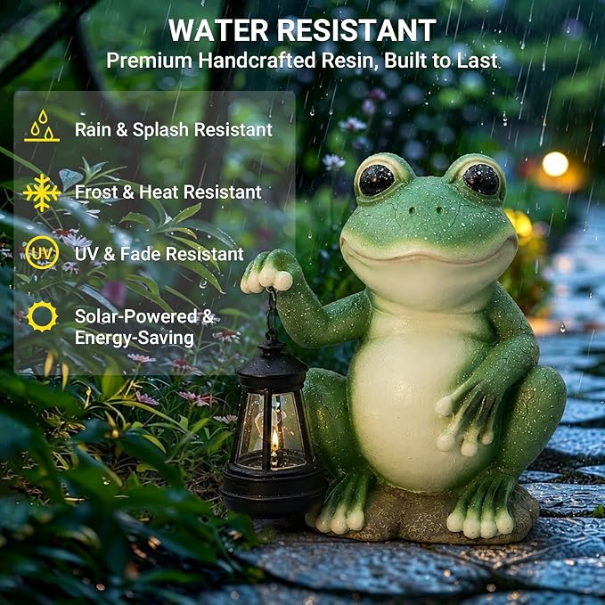 Solar Frog Garden Statue with LED Lantern, Waterproof Resin Figurine | for Yard, Pond, Pathway, Patio & Flower Bed, Cute Outdoor Decor, Unique Birthday & Housewarming Gift for Women, Mom & Grandma