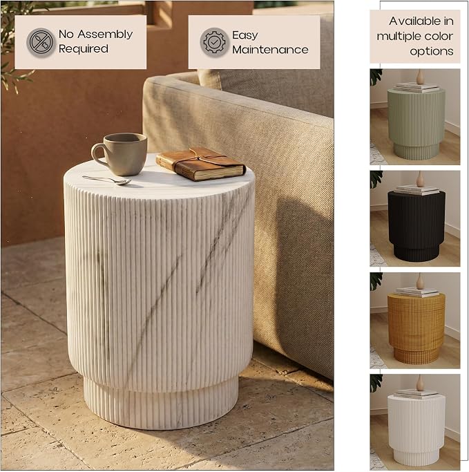 LeisureMod Eden Modern Side End Table – Indoor and Outdoor Accent Table for Living Room, Bedroom, Patio, Balcony, Porch, Garden, Small Spaces in White Marble