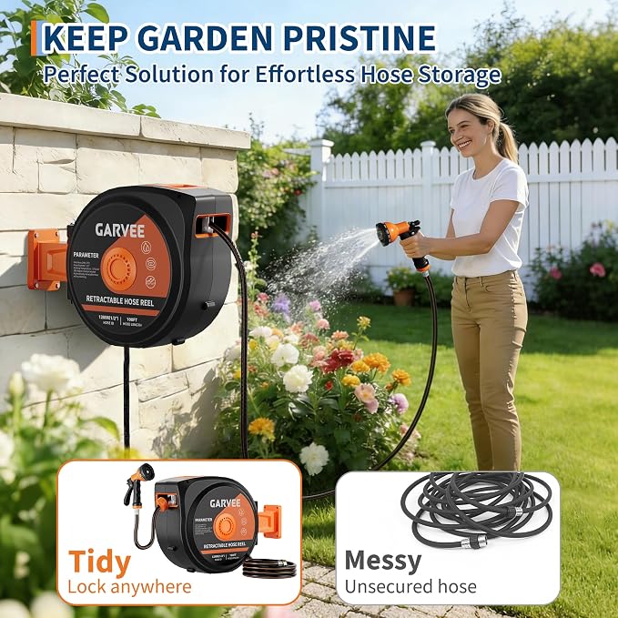 Garvee Retractable Garden Hose Reel, 1/2 Inch x 100 ft Wall Mounted Heavy Duty Garden Hose Reel with 10 Patterns Nozzle, Any Length Lock, Upgraded Slow Return System and 180°Swivel Bracket