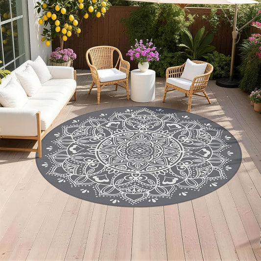 Pauwer Waterproof Outdoor Rug 8ft, Reversible Plastic Straw Patio Camping Rug, Indoor Outdoor RV Mat Carpet for Deck, Camper, Porch, Balcony, Backyard, Picnic, Floral Grey