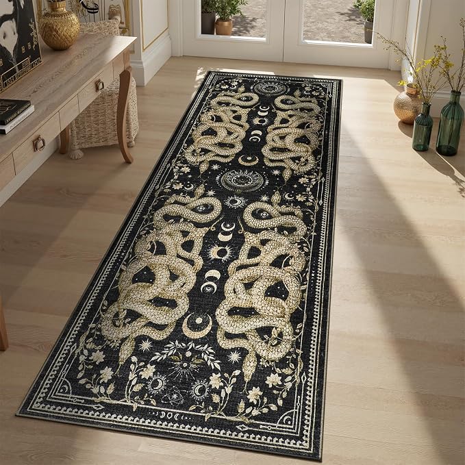 DCX 2x6 Washable Snake Rug for Living Room, Non Slip Low Pile Rug, Black | Rugs for entryway, kitchen, dining room, office, soft, kid & pet friendly, sain resistant indoor carpet, home decor