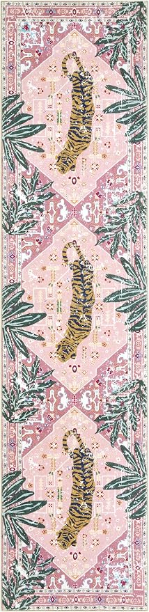 Oriental Tropical Hallway Runner Rug 2x6 Washable, Thin Stain Resistant Pink Boho Runner Rug for Entryway Kitchen Bedroom Laundry, Vintage Abstract Hippie Indian Botanical Long Floor Carpet