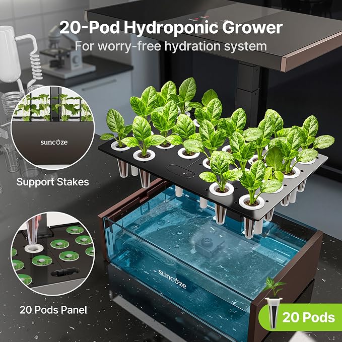 SUNCOZE Hydroponics Growing System 20 Pods, 25" Adjustable Height, 10L Tank | Indoor Garden with 30W Dimmable LED Grow Light, Water & Nutrient Reminder, Quiet Circulation Pump, Black&Brown