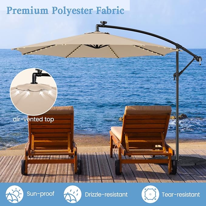 HAPPYGRILL 10FT Cantilever Patio Umbrella with Solar Lights, Outdoor Hanging Offset Umbrella with 112 LED Lights, Tilt Design, Crank Handle, Cross Base Stand for Garden Yard Deck