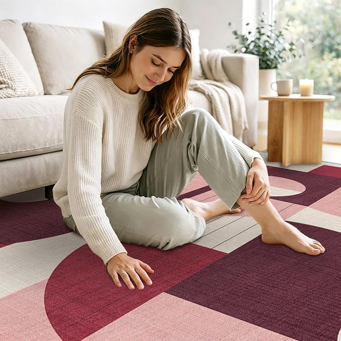 5x7 Burgundy and Pink Geometric Area Rug for Living Room Bedroom Dark Abstract Modern Large Rug Machine Washable Non-Slip Carpet for Dining Room Office