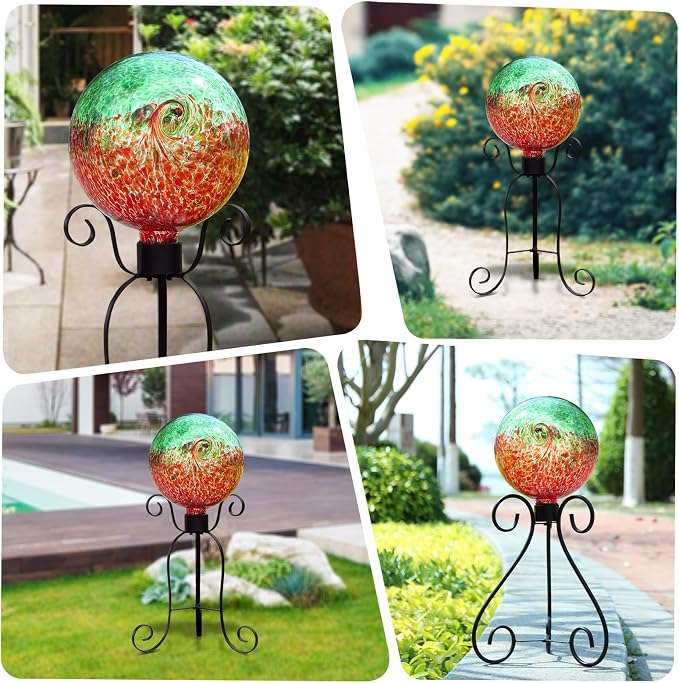 VCUTEKA Gazing Ball, Glass Gazing Balls Garden Globe Outdoor Decor 10" Red | Handcrafted red swirl glass gazing balls that creates elegant garden focal point in any outdoor landscape yard decorative