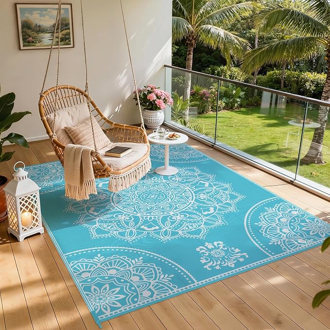 Pauwer Waterproof Outdoor Rug 8x10, Reversible Plastic Straw Patio Camping Rug, Indoor Outdoor RV Mat Carpet for Deck, Camper, Porch, Balcony, Backyard, Picnic, Floral Teal