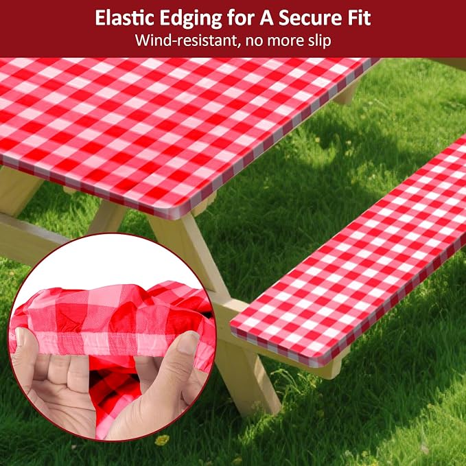 7ft Picnic Table and Bench Cover, Camping Essentials RV Gear, 84 in Waterproof Windproof Outdoor Elastic All Around Tablecloth, Fitted Rectangle Tables and Seats, Red-White Checkered