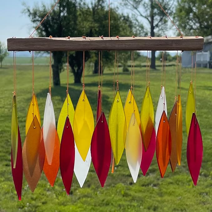 Blue Handworks Fall Leaves Glass & Driftwood Chime, Sandblasted Glass and Found Wood Handcrafted Wind Chime | Sandblasted Glass and Found Wood Handcrafted Wind Chime