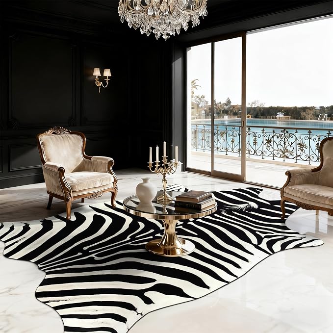 BENRON Zebra Rug, Animal Print Rug for Living Room Bedroom 6.2x7ft | Western Faux Zebra Print Rug, Animal Skin Carpets, Non-Slip Throw Rug for Home Decor, Black and White, Ivory