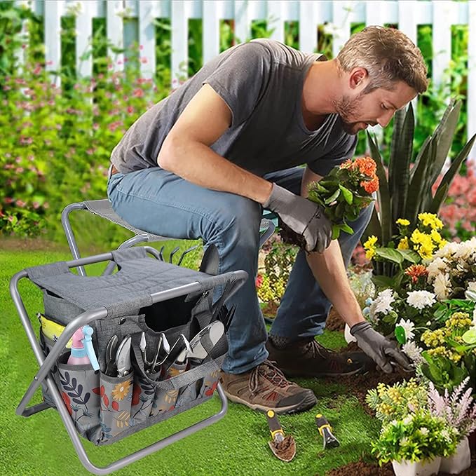 MDSTOP Folding Gardening Stool with Detachable Storage Tote Bag, Gardening Tools Set Organizer for Fishing Outdoor Sports Hiking Camping Garden, Gardening Gifts for Mom/Dad, Without Tools