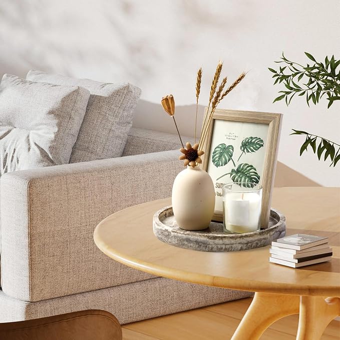Round Marble Vanity Tray, Gray Travertine,Natural Marble Stone Decorative Tray for Counter, Bathroom, Kitchen, Dresser, Nightstand or Coffee Table, Home Decor(NS024)