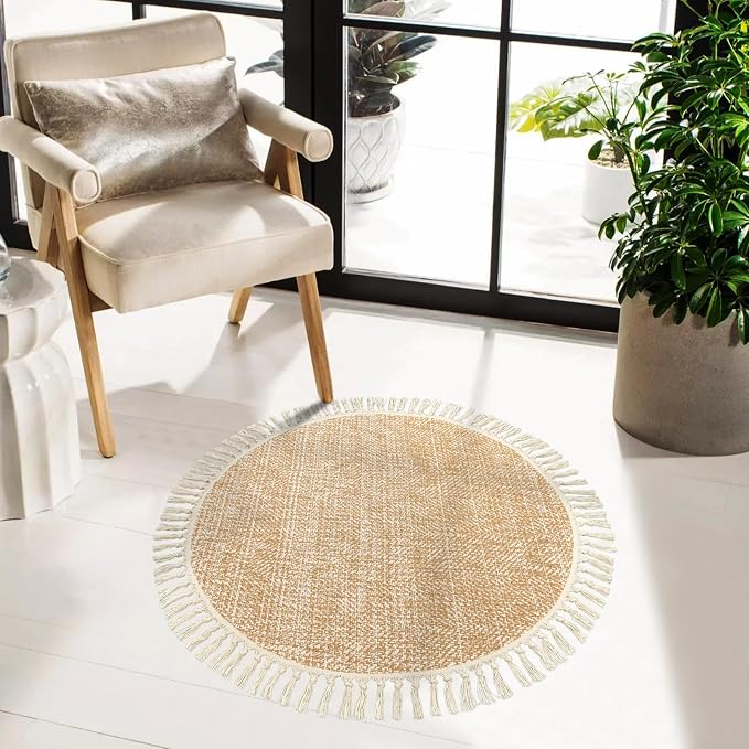 Boho Round Area Rug, Soft Hand Woven Washable Bedroom Carpet 3ft | Modern Farmhouse Bedside Rugs with Tassels, Tan/Cream Circle Nursery Rugs for Living Room Dining Room Table Office