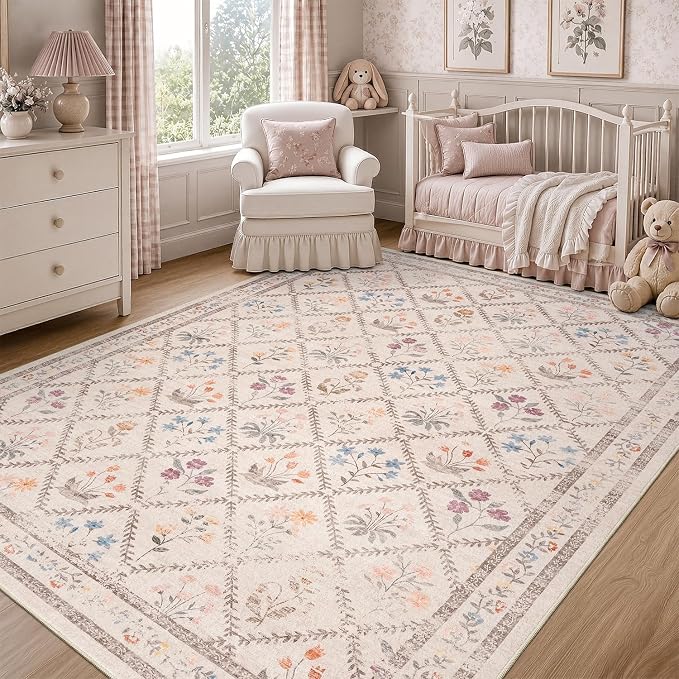 DCX Washable 6x9 Rose Biege Floral Rug for Girls Bedroom | Soft Cottagecore Rug for Baby Girl Nursery, Non Slip Low Pile, Kid & Pet Friendly Vintage Botanical Carpet