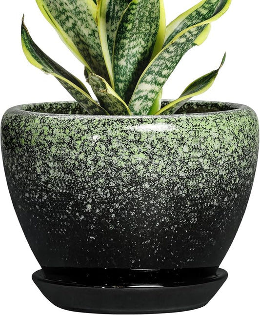 Ceramic Pots for Plants - 6 Inch Plant Pots with Drainage Hole and Saucer, Ceramic Planters for Indoor Plants, Decorative Succulent Pot, Office Decor, Gifts for Plant Lovers, Retro Green