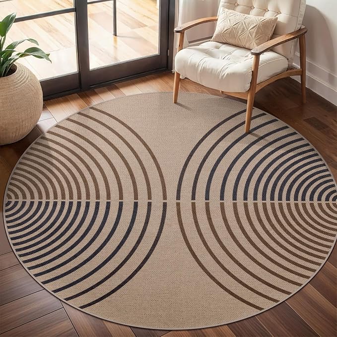 Tangsoo Modern Rainbow Round Rug 4ft Easy Jute Washable Rugs Ultra Thin Dark Brown Indoor Outdoor Rug Circle Farmhouse Mat Non Slip Round Carpet for Bedroom Kitchen Entryway Patio