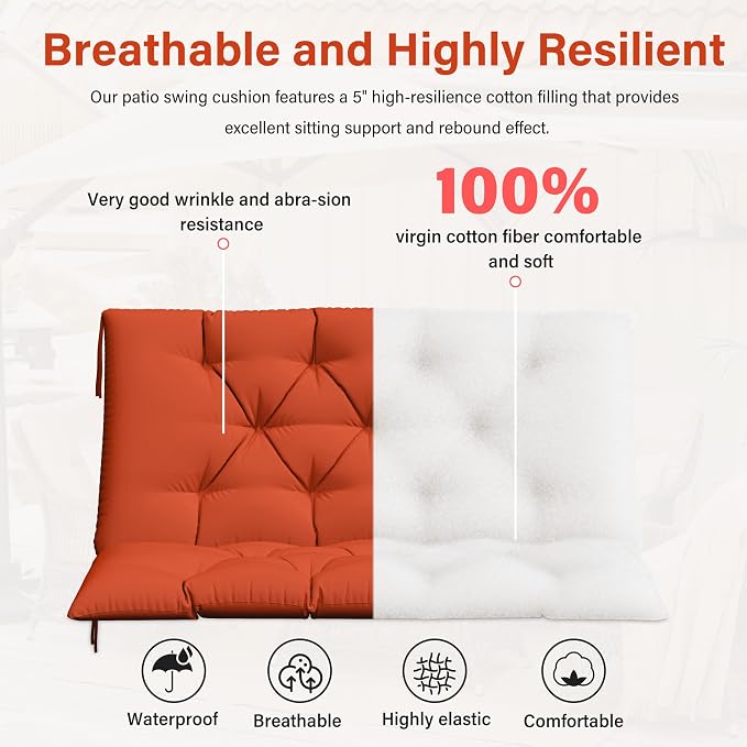 Porch Swing Cushion with Backrest,Waterproof Bench Cushion for Outdoor Furniture,2-3 Seater Replacement Thickened 5 in swing cushion,with Ties,Patio,Outdoor,Backyard and Garden (Orange,40x40 in)