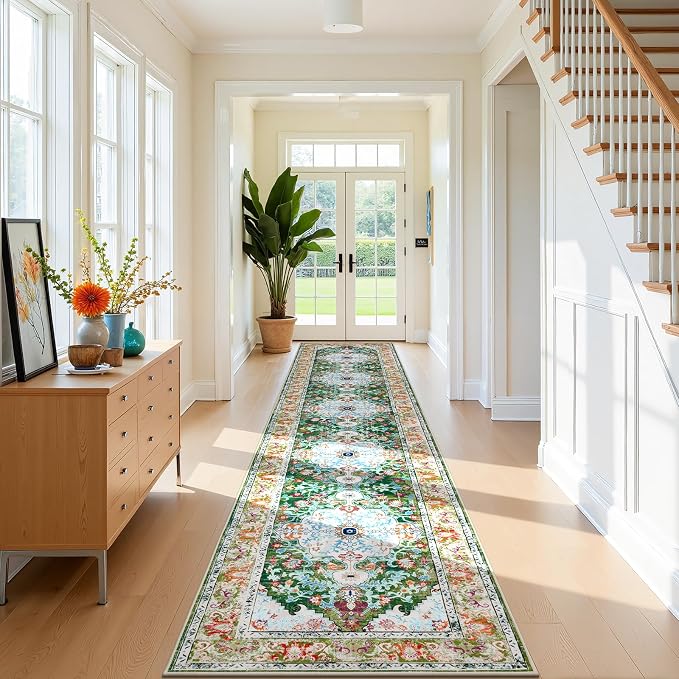 U'Artlines 3'x14' Boho Hallway Runner Rug Non Slip Washable Runners,Green | Vintage Farmhouse Kitchen Rug Accent Area Carpet for Entryway, Dining Room and Living Room