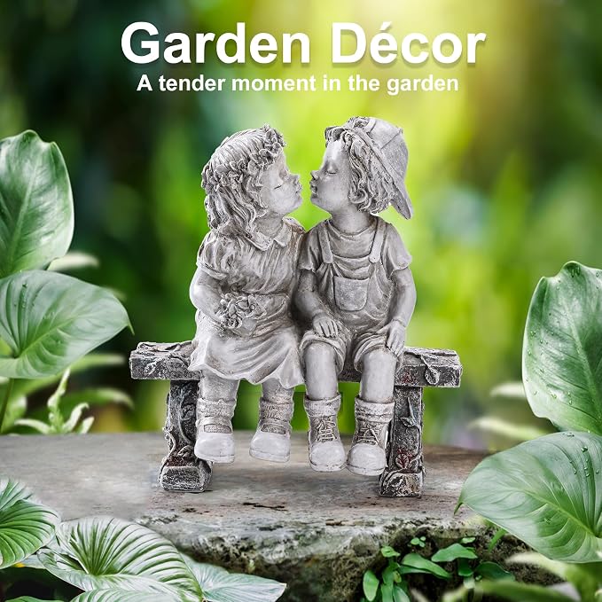 Lily's Home 8.25-Inch First Kiss Statue - Resin Garden Decor for Outside - Outdoor and Garden Decorations - Little Girl and Boy Kissing Yard Miniature Figurine - Small and Exquisite