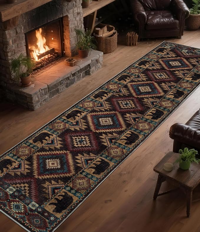 Hallway Runner Rug 2x8 Indoor Door Mat - Western Rug Bear Rustic Cabin Non-Slip Entryway Rug, Low Pile Tribal Print for Kitchen, Bedroom