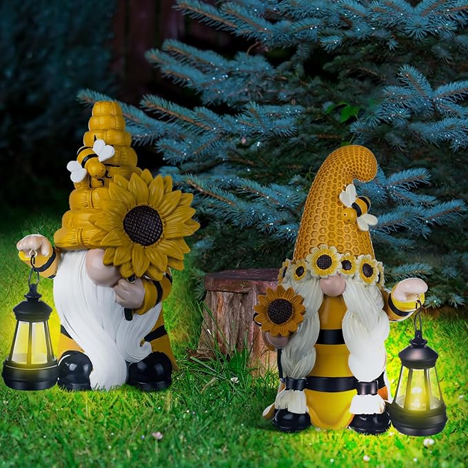 Suzile 2 Pack Sunflower Bee Gnome 9.4 Inch Garden Outdoor Statue Solar with Lantern Lights Gnomes Gifts for Women Outside Sunflower Bee Figurine for Yard Courtyard Lawn Patio Porch Decor