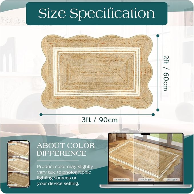 Front Door Rug - 2x3 Jute-Look Doormat Indoor Outdoor Entrance | Washable Non-Slip Door Mat Farmhouse Scalloped Small Throw Rugs for Entryway Bedroom Kitchen Mat for Floor Front Porch Decor