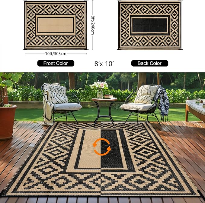 Outdoor Patio Plastic Straw Rug - 8x10 ft Outdoor Camping Rug Waterproof Reversible, Area Carpet Patios RV, Outside Porch Balcony Deck for Camper, Stripe Black Brown