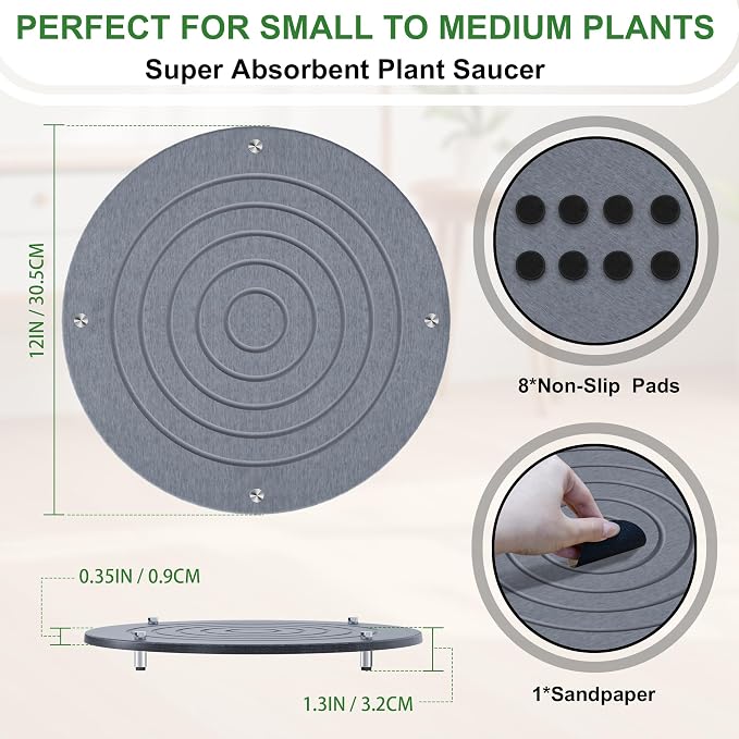 2Pcs 12 Inch Plant Saucers for Indoors, Instant Dry Diatomaceous Earth Plant Saucer, Plant Trays for Pots with Stainless Steel Feet, Plant Water Catcher Tray, Gray