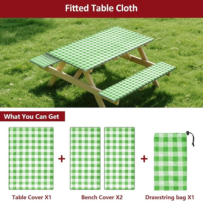 6ft Picnic Table and Bench Cover, Camping Essentials RV Gear, 72in Waterproof Windproof Outdoor Elastic All Around Tablecloth, Fitted Rectangle Tables and Seats, Green-White Checkered