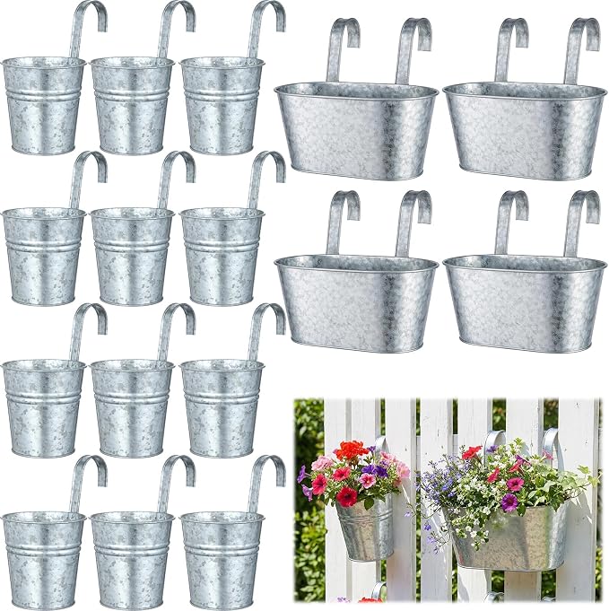 16 Pcs Hanging Flower Pots Planters for Outdoor Metal Iron Wall Flower Planter Baskets for Railing Fence Balcony Garden Yard Home Indoor Decoration with Detachable Hooks (Silver)