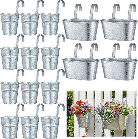 16 Pcs Hanging Flower Pots Planters for Outdoor Metal Iron Wall Flower Planter Baskets for Railing Fence Balcony Garden Yard Home Indoor Decoration with Detachable Hooks (Silver)